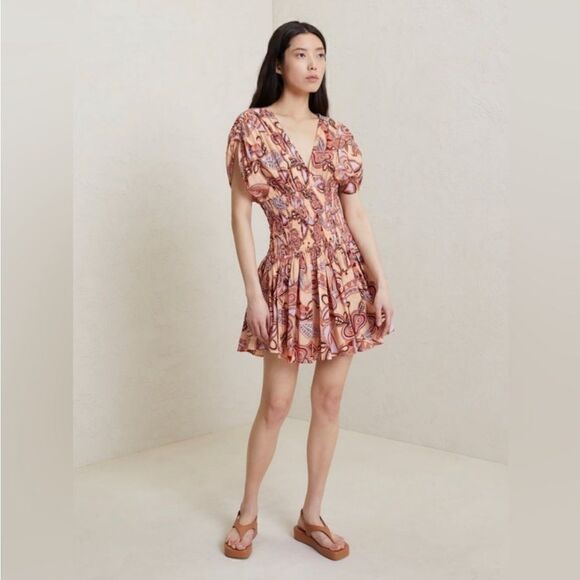 NWT A.L.C Luna Smocked Dress Nude Peach Multi Size 8 $ 495.00 - Picture 8 of 11